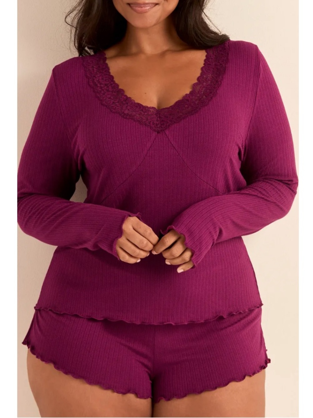 Women's Lace-Trim Ribbed Sleepwear Loungewear Pajamas Set in Plum